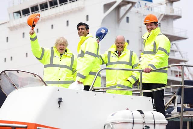Jerry Hopkinson of PD Ports (second from right) with Prime Minister, Boris Johnson, Chancellor Rishi Sunak, and PD Ports CEO, Frans Calje on a ministerial visit to Teesport after the freeport status announcement. Picture: Andrew Parsons / No10 Downing St