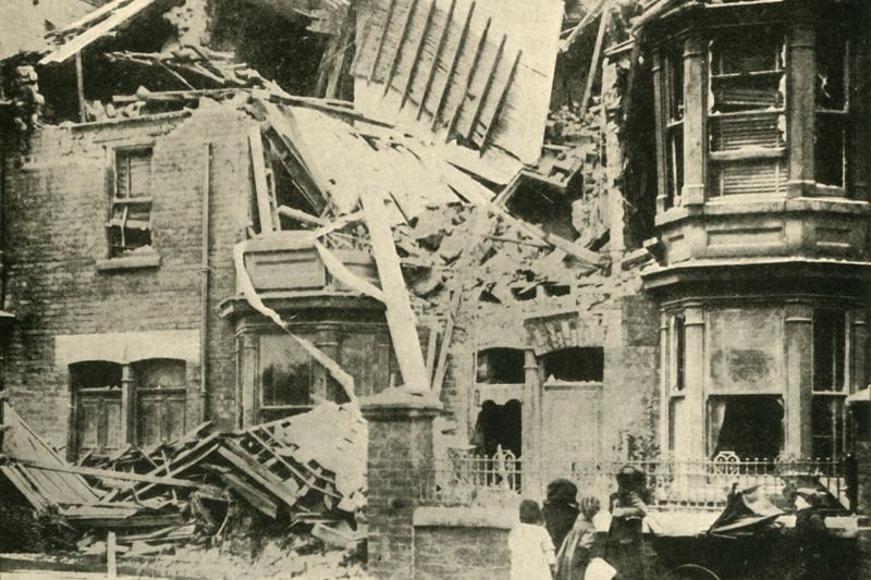 Bomb-damaged houses are pictured in Hartlepool after a German raid on December 16, 1914'. The raid was known locally as the 'Bombardment of the Hartlepools.'