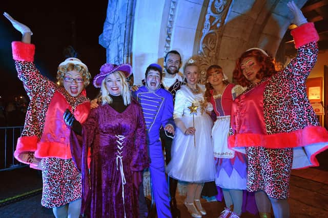 Cast members from Hartlepool pantomime Cinderella at the town's recent Christmas lights switch on in Church Square. Picture by IAN McCLELLAND.