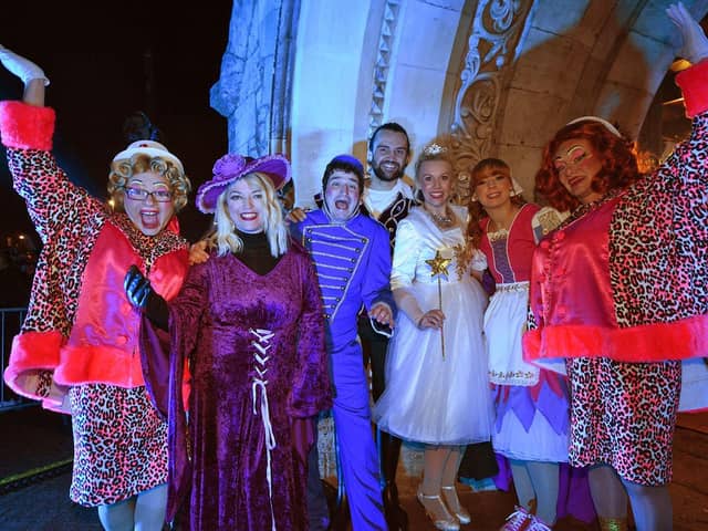 Cast members from Hartlepool pantomime Cinderella at the town's recent Christmas lights switch on in Church Square. Picture by IAN McCLELLAND.