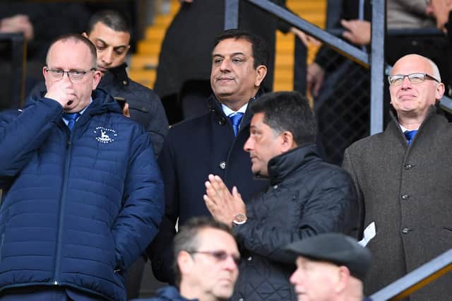 Hartlepool United owner Raj Singh (centre) and chief executive Mark Maguire (left) during the Vanarama National League match between Notts County and Hartlepool United at Meadow Lane, Nottingham on Saturday 2nd November 2019. (Credit: Jon Hobley | MI News)