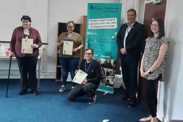 Left to right, Zephyr Boden, Laura Hamilton, Anthony Eadsforth, PCC Steve Turner and Andrea Atkinson, Volunteer Coordinator, are presented with their volunteer week certificates.
