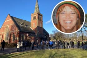 Friends and loved ones gather outside Stranton Crematorium for the funeral of Nicola Kenny (inset).