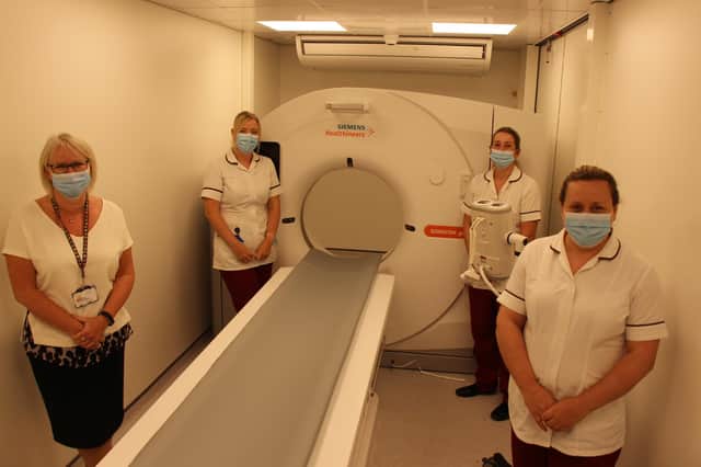 The CT radiology team in the new relocatable scanner at the University Hospital of North Tees.