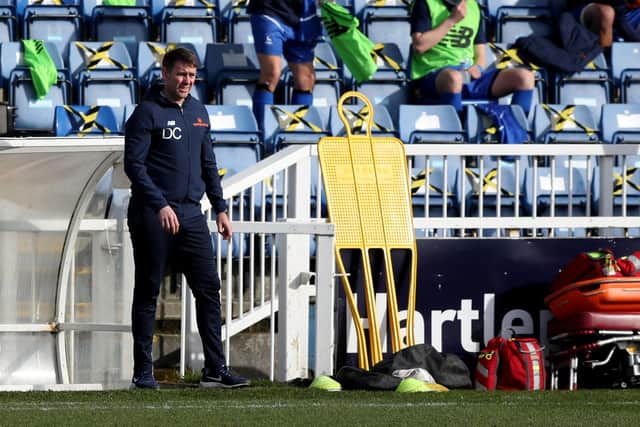 Hartlepool United manager Dave Challinor during the Vanarama National League match between Hartlepool United and Woking at Victoria Park, Hartlepool on Saturday 20th March 2021. (Credit: Chris Booth | MI News)