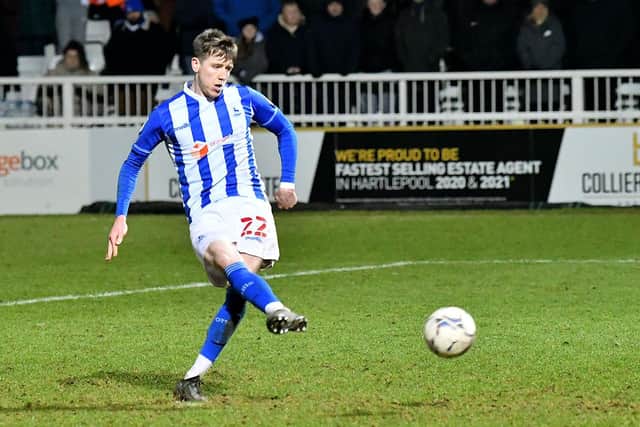 Tom Crawford scored his penalty as Hartlepool United booked their spot in the Papa John's Trophy semi final. Picture by FRANK REID