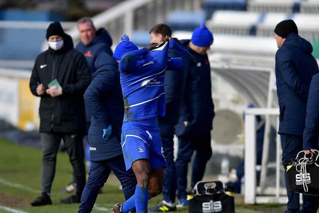 Timi Odusina was sent off for Pools against Eastleigh (photo: Frank Reid).