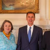 Hartlepool MP Jill Mortimer and Chancellor Jeremy Hunt at Downing Street with Orangebox Training Solutions' CEO Simon Corbett.