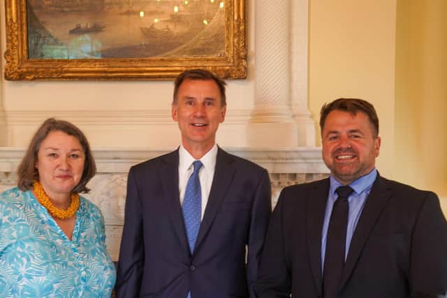 Hartlepool MP Jill Mortimer and Chancellor Jeremy Hunt at Downing Street with Orangebox Training Solutions' CEO Simon Corbett.