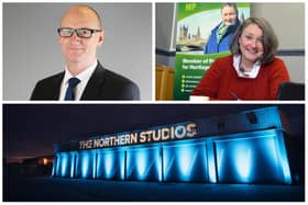 Hartlepool Borough Council Leader Cllr Shane Moore, MP Jill Mortimer and the Northern Studios attached to the Northern School of Art.