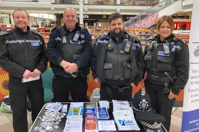 Left to right: PC Geoff Coggin, PCSO Dave Fowler, PC Christopher Harding and Inspector Zoe Kelsey in Middleton Grange shopping centre for the Retail Crime Week of Action.