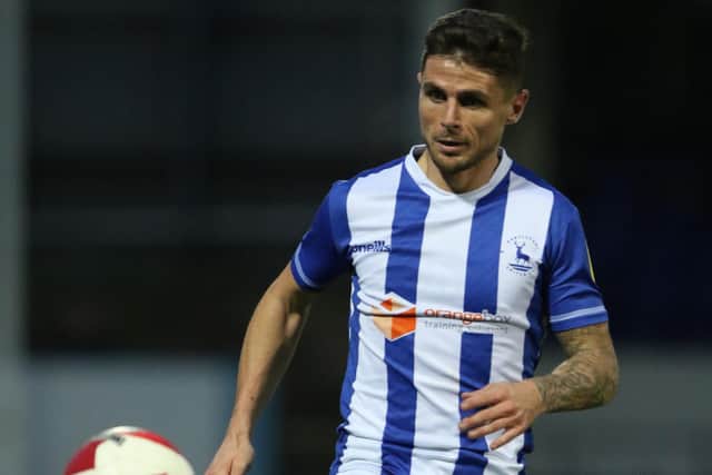 Gavan Holohan of Hartlepool United in action during the FA Cup match between Hartlepool United and Wycombe Wanderers at Victoria Park, Hartlepool on Saturday 6th November 2021. (Credit: Will Matthews | MI News)