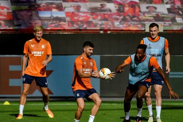 Jordan Jones and his Rangers teammates attend a training session on the eve of the Europa League match.
