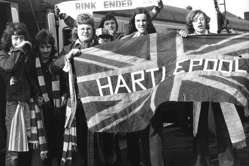 Hartlepool United fans pictured at Hartlepool railway station in 1975 before joining the 'league liner' for a match in Wales.