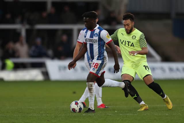 Christopher Missilou has not started since Hartlepool United's 5-0 defeat against Stockport County. (Credit: Mark Fletcher | MI News)