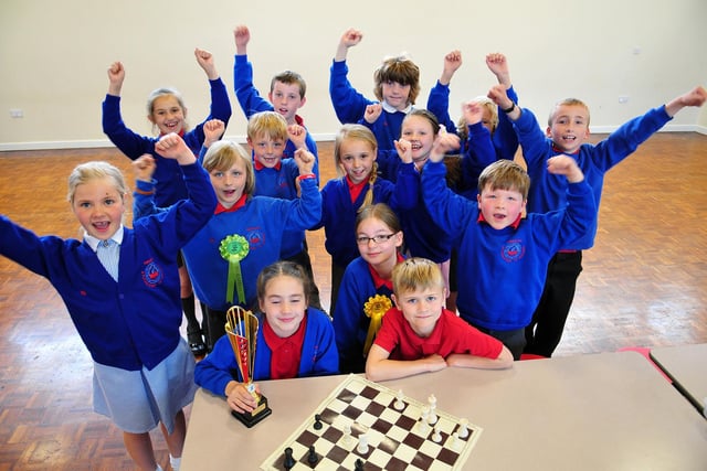Throston Primary School chess players celebrate their victory in 2014.