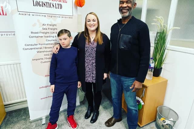 Dudley ‘Tal’ Stokes  visited the company in Hartlepool at the end of October. From left to right: Joel Hogg, 10, Lyndsay Hogg and Dudley ‘Tal’ Stokes .