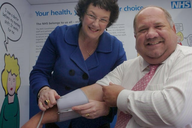 NHS Hartlepool chairman, Steve Wallace, has his blood pressure taken by community pharmacist, Lorraine Crawford, in 2009.
