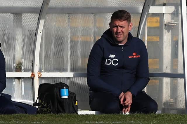 Hartlepool United manager Dave Challinor during the Vanarama National League match between Hartlepool United and Chesterfield at Victoria Park, Hartlepool on Saturday 1st May 2021. (Credit: Chris Booth | MI News)