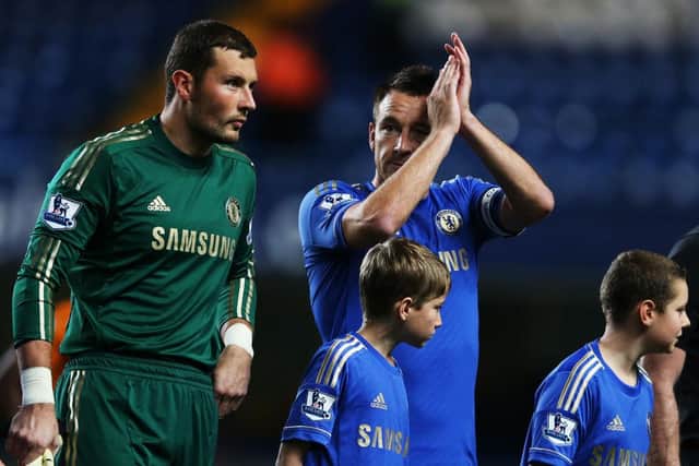 Chelsea's Ross Turnbull and John Terry  out on the pitch prior to their Capital One Cup third round match against Wolverhampton Wanderers at Stamford Bridge on September 25, 2012 in London, England.  (Photo by Julian Finney/Getty Images)