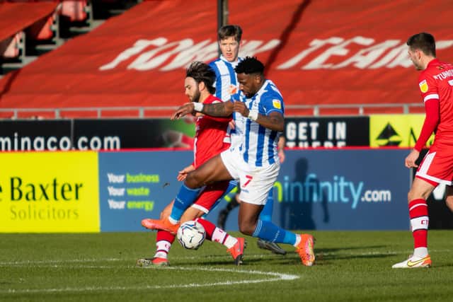 Omar Bogle was booked for a challenge on Jack Payne as Hartlepool United beat Crawley Town at the People's Pension Stadium. Picture by Jamie Evans.