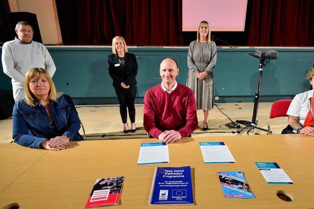 Standing, left to right, at the launch of the new Hartlepool Hub are Tim Fleming, Michaela Ryan and Gemma Peak. Sitting, left to right, are Denise McGuckin and Shane Moore. Picture by FRANK REID.