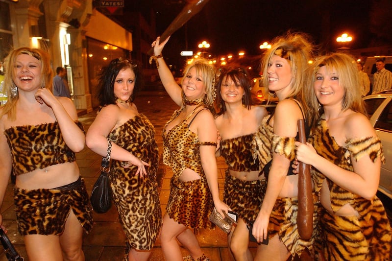 Friends enjoying a night out in Flintstones outfits in Hartlepool in November, yes that's right, 2005.