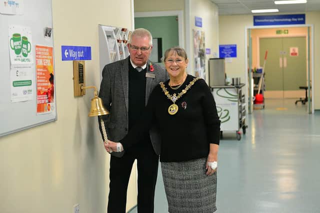 Mayor of Hartlepool Councillor Brenda Loynes rings the bell for the end of her cancer treatment at the University Hospital of Hartlepool with her husband and consort Dennis Loynes. Picture by FRANK REID