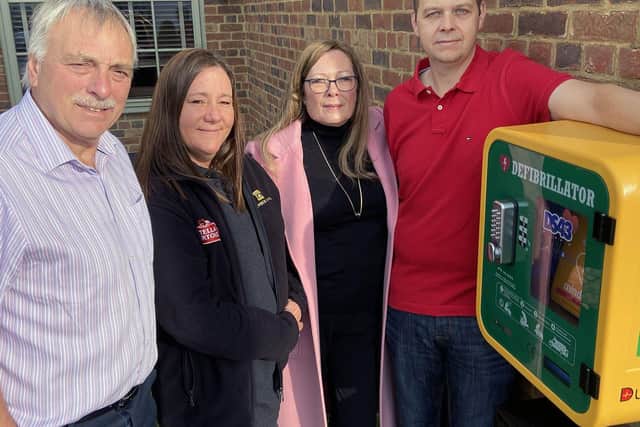 Sarah Welsh manager at The Tall Ships (2nd left) with Bill and Pam Shurmer and David Cairnes (right), a founder member DS43 Community Defibrillators Group.