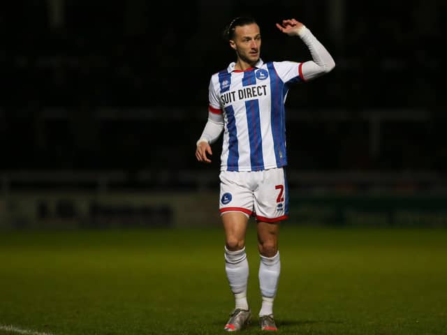 Jamie Sterry came off injured during Hartlepool United's defeat to Mansfield Town. (Credit: Michael Driver | MI News)