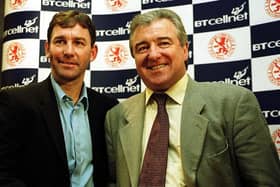 4 Dec 2000:  Bryan Robson with new Middlesbrough coach Terry Venables at a  Press conference at the Middlesbrough training ground, Darlington. Mandatory Credit: Michael Steele/ALLSPORT