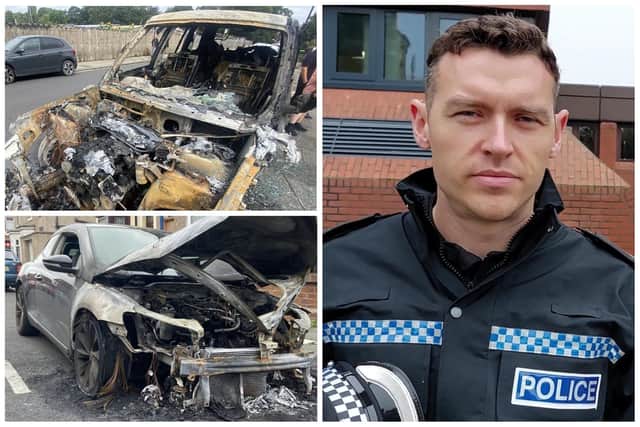 Hartlepool District Commander Martin Hopps and two of the eight vehicles set on fire in the same night.