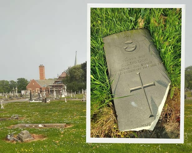 The damaged headstone to Charles Davison who died aged just 17 while in the RAF in 1919.