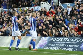 Mark Cullen of Hartlepool United celebrates after scoring during the FA Cup match between Hartlepool United and Wycombe Wanderers at Victoria Park, Hartlepool on Saturday 6th November 2021. (Credit: Will Matthews | MI News)