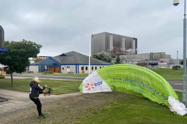 Sacha Dench with her paramotor at Hartlepool Power Station.