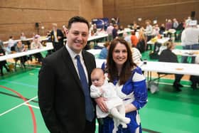 Conservative party candidate Lord Ben Houchen with his wife Rachel Houchen and baby Hannah during a count of votes for the Tees Valley Mayoral election in the Thornaby Pavilion.