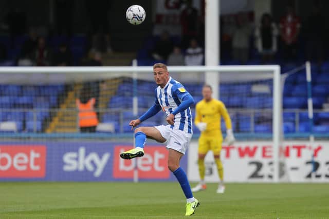 Gary Liddle of Hartlepool United in action   during the Sky Bet League 2 match between Hartlepool United and Crawley Town at Victoria Park, Hartlepool on Saturday 7th August 2021. (Credit: Mark Fletcher | MI News)