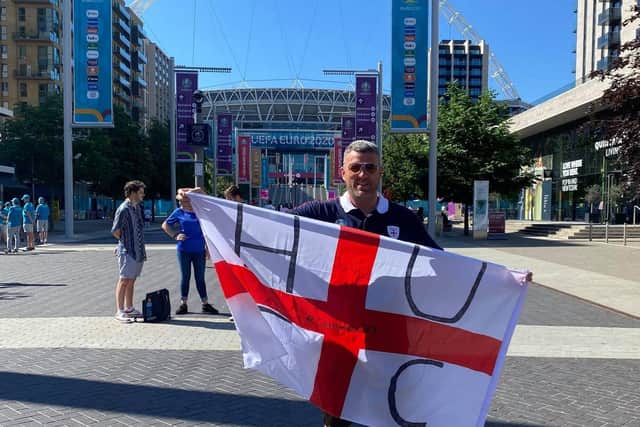 Gavin flies the flag for Hartlepool on Wembley Way.