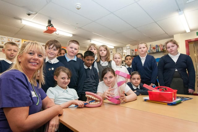 Dental therapist, Joanne Brown, popped in to Lynnfield Primary School to teach children about oral health and the importance of brushing their teeth in 2014.