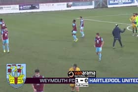 A screen capture at full time of Hartlepool United's 1-0 defeat at Weymouth.