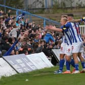 Hartlepool United's Mark Cullen celebrates after scoring their second goal during the Sky Bet League 2 match between Hartlepool United and Harrogate Town at Victoria Park, Hartlepool on Sunday 24th October 2021. (Credit: Mark Fletcher | MI News)