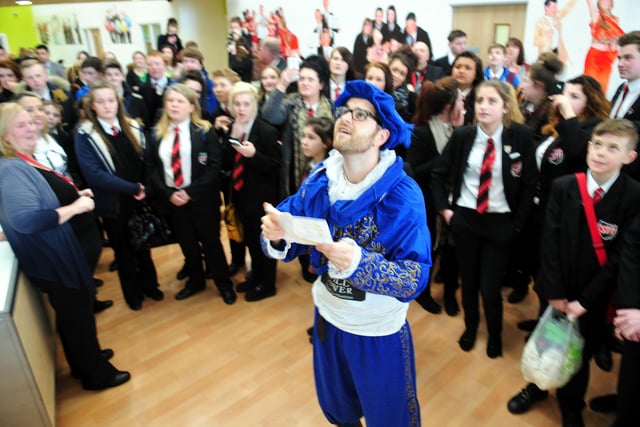 Teacher Ben Favaro from The Academy at Shotton Hall took the part of Romeo to entertain pupils in 2014.