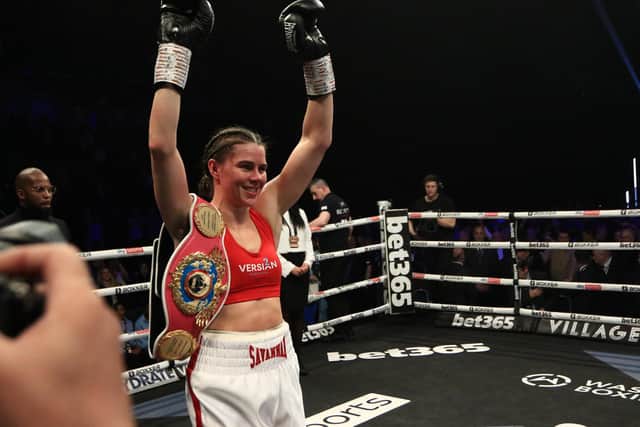 Savannah Marshall celebrates after claiming a third round stoppage win over Femke Hermans in Newcastle. Picture by Martin Swinney