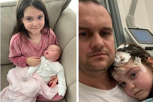Lyla O'Donovan with her dad Paul and, left, with her new baby sister Violet.