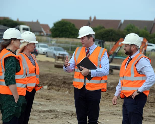 Conservative Party co-chair Amanda Milling (second left) with Hartlepool MP Jill Mortimer visit the Bellway Homes Hartwell Park site along side Bellway Homes Head of Land, Charlie Dunn and Construction Director Rob Mitchell.