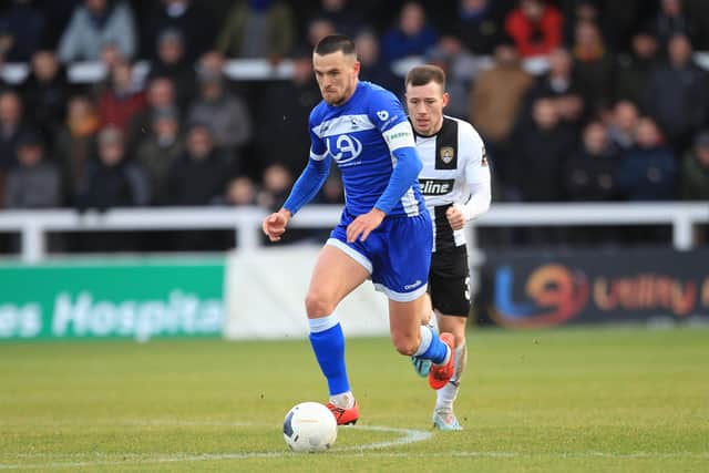 Ryan Donaldson of Hartlepool United in action during the Vanarama National League match between Hartlepool United and Notts County at Victoria Park, Hartlepool on Saturday 22nd February 2020. (Credit: Mark Fletcher | MI News)