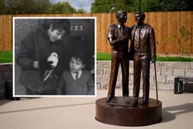 The bronze statue memorial unveiled outside Lord Mayor Treloar College in Hampshire where Peter Longstaff (inset left) and brother Stephen attended as children. Photo: PA