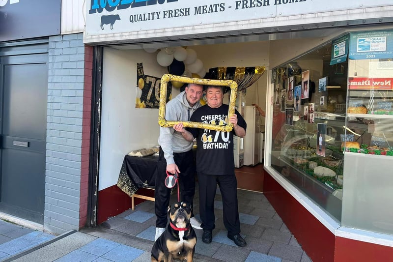 Customers, friends, family and pooches come to Robert Moore's Butchers to say happy 70th birthday to Robert Moore.