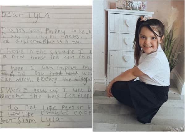 A brave Lyla has gone back to school for the first time in six months – and this is what she wrote on her first day.