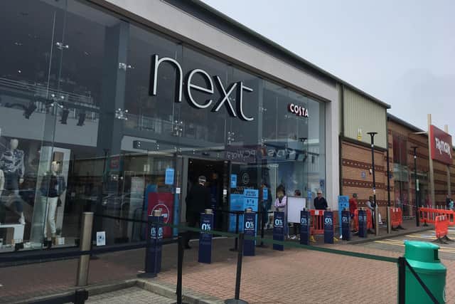 Customers queue as Next reopens on Anchor Retail Park, Hartlepool.